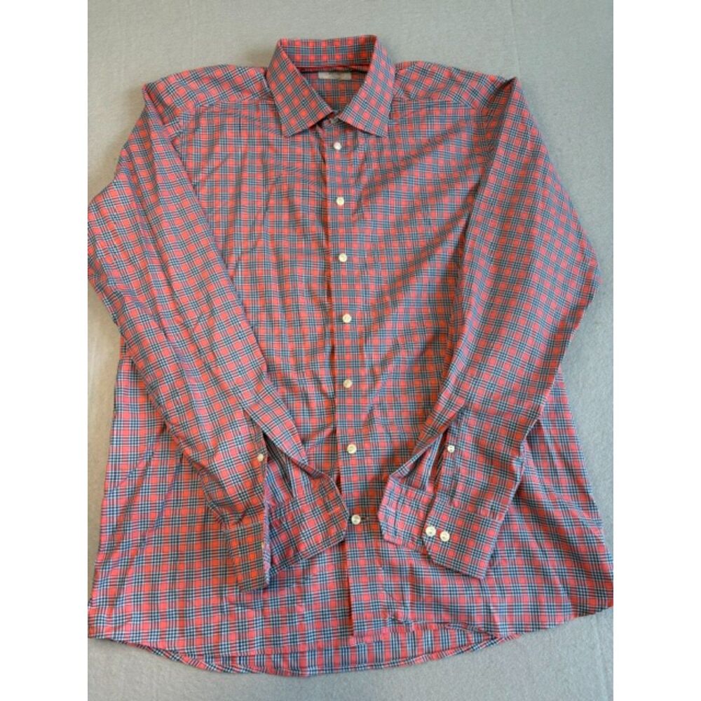 Eton Men's Button-Down Shirt Size 44/17.5, Contemporary Orange/Blue Plaid